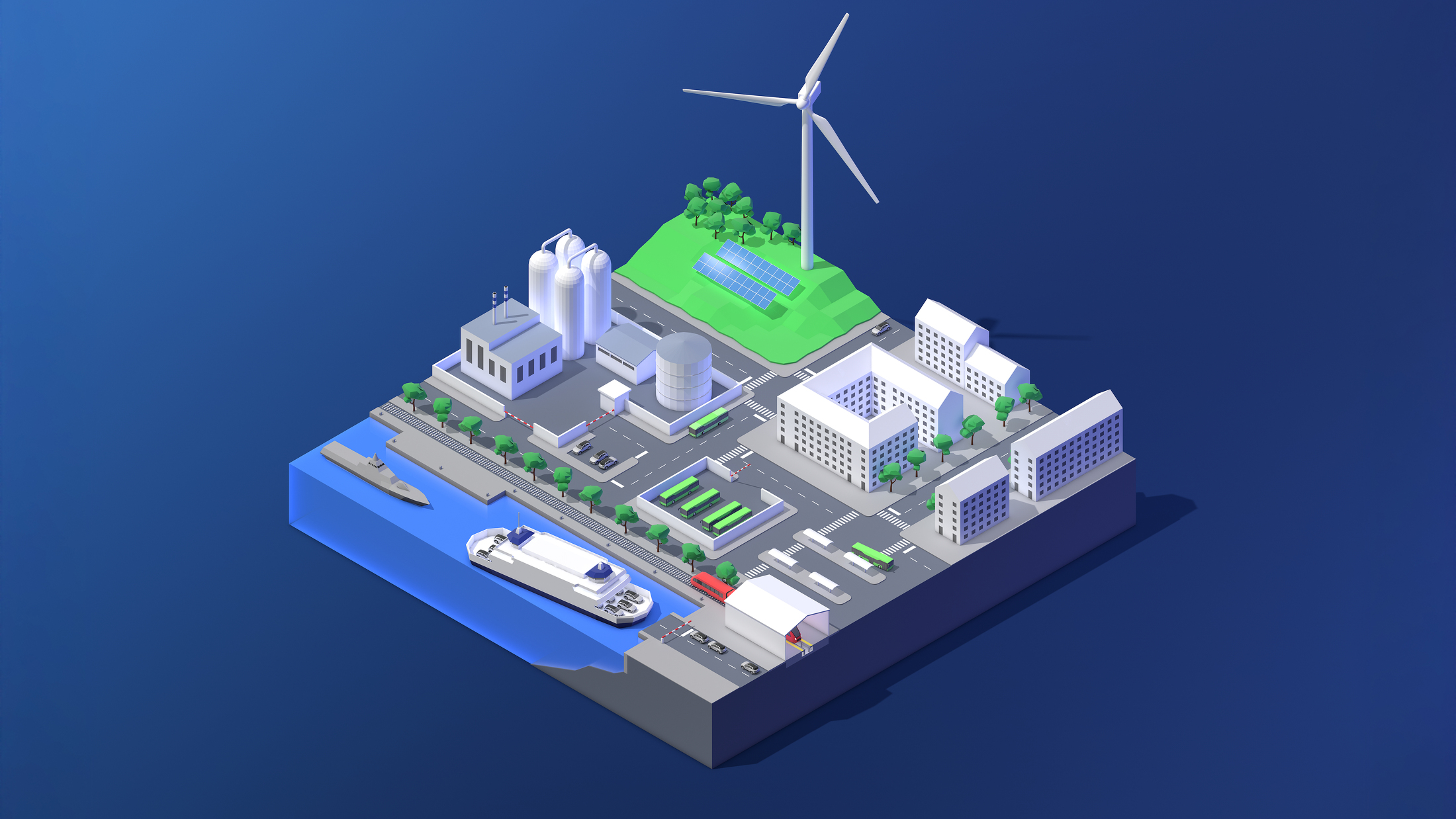 Eine isometrische 3D-Darstellung einer nachhaltigen Stadt mit Gebäuden, Straßen, einem Hafen und erneuerbaren Energiequellen wie einer Windkraftanlage und Sonnenkollektoren.