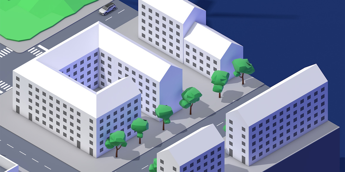 3D-gerenderte Illustration zeitgenössischer Gebäude mit Wohn- und Gewerbeimmobilien, umgeben von Grünflächen und städtischer Infrastruktur.