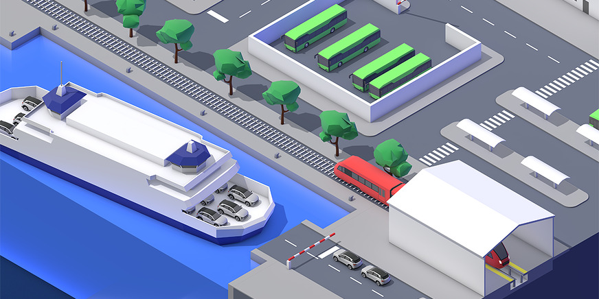 Isometrische Darstellung eines Verkehrsknotenpunkts mit Fähre, Bussen, Zug und Verladeanlage.